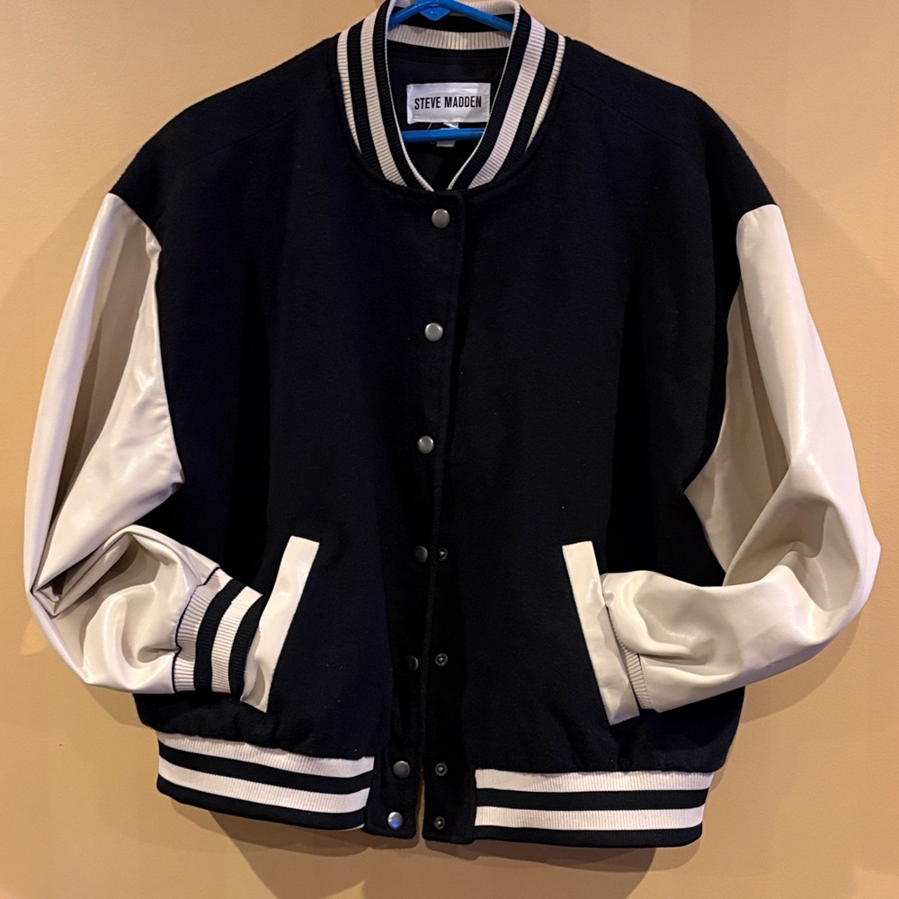 Steve Madden Black and Cream Varsity Jacket